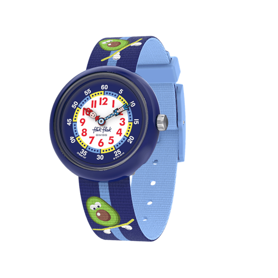 Flik Flak FBNP111 Orologio Analogico Al Quarzo Per Ragazzo – Cassa 32mm In Plastica Blu, Cinturino In Tessuto Verde, Impermeabile 3 Bar