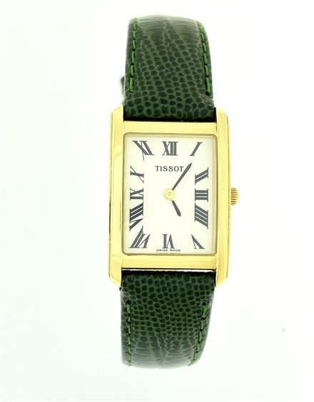Montre Tissot Vintage Femme - Boîtier Plaqué Or, Bracelet Cuir Noir - Reconditionnée - Mouvement Quartz